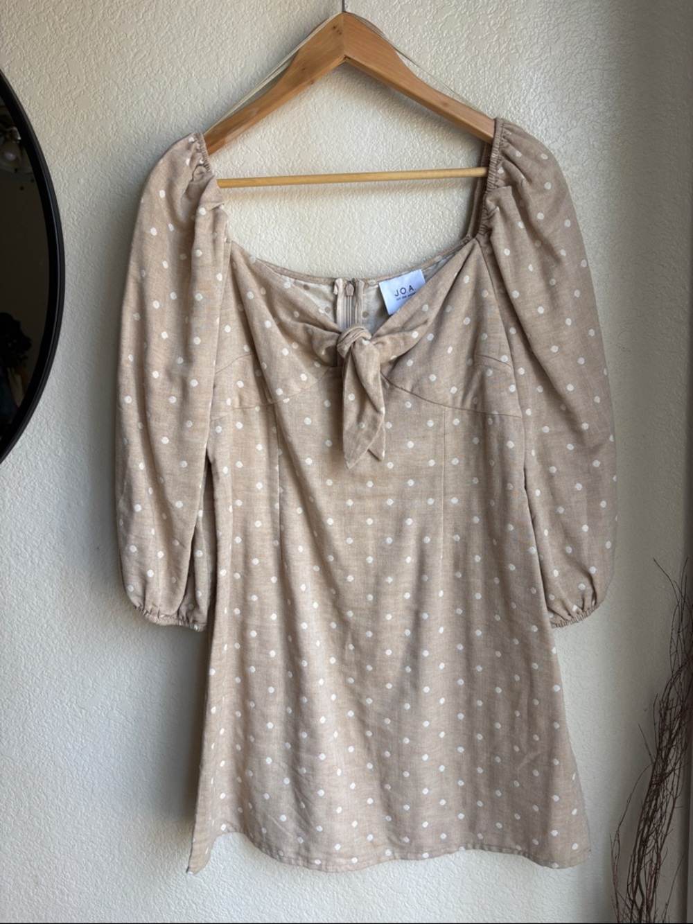 NWT J.O.A Brown Polka Dot Long Sleeve Tie Front Dress Size L